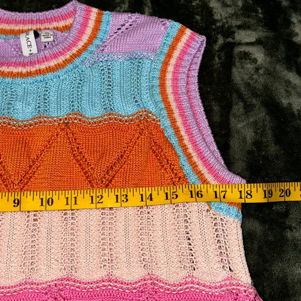 Grace & Karma Short Sleeve Sweater Women's XL Multicolor Striped Crochet Knitted